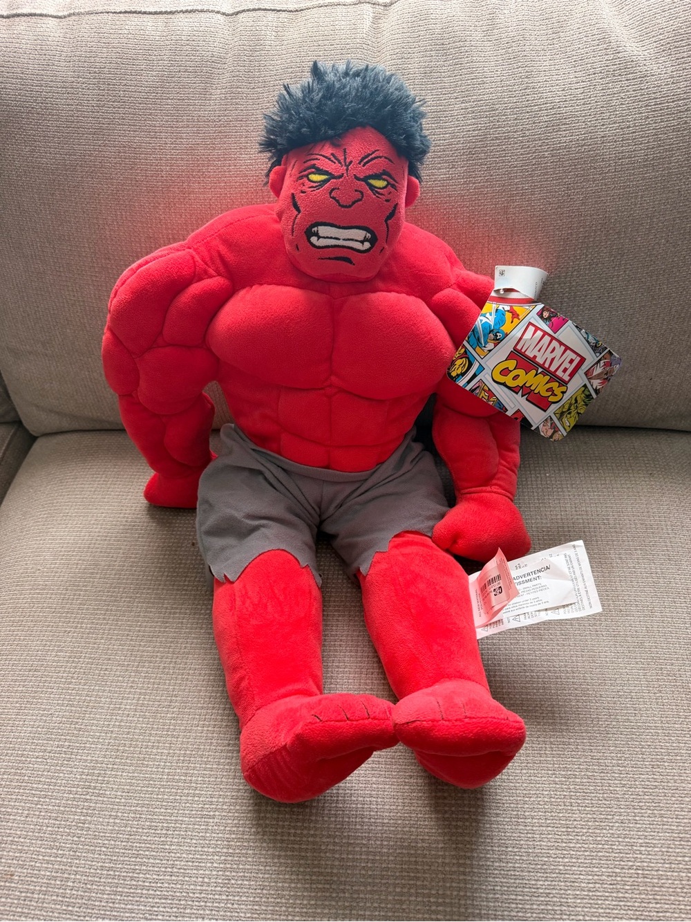 Marvel Red Hulk Plush Toy with Gray Shorts and Black Hair